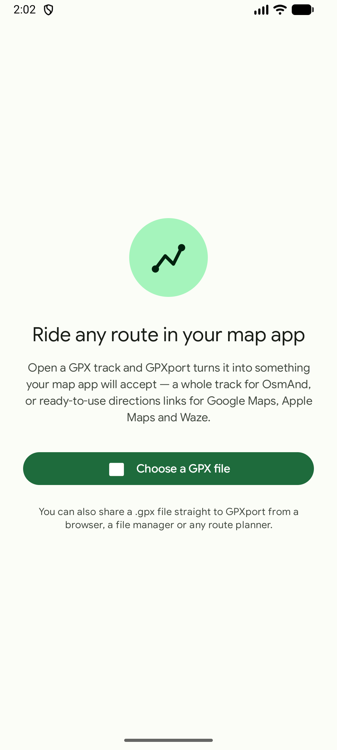 GPXport import screen with the saved routes button above the choose a GPX file action