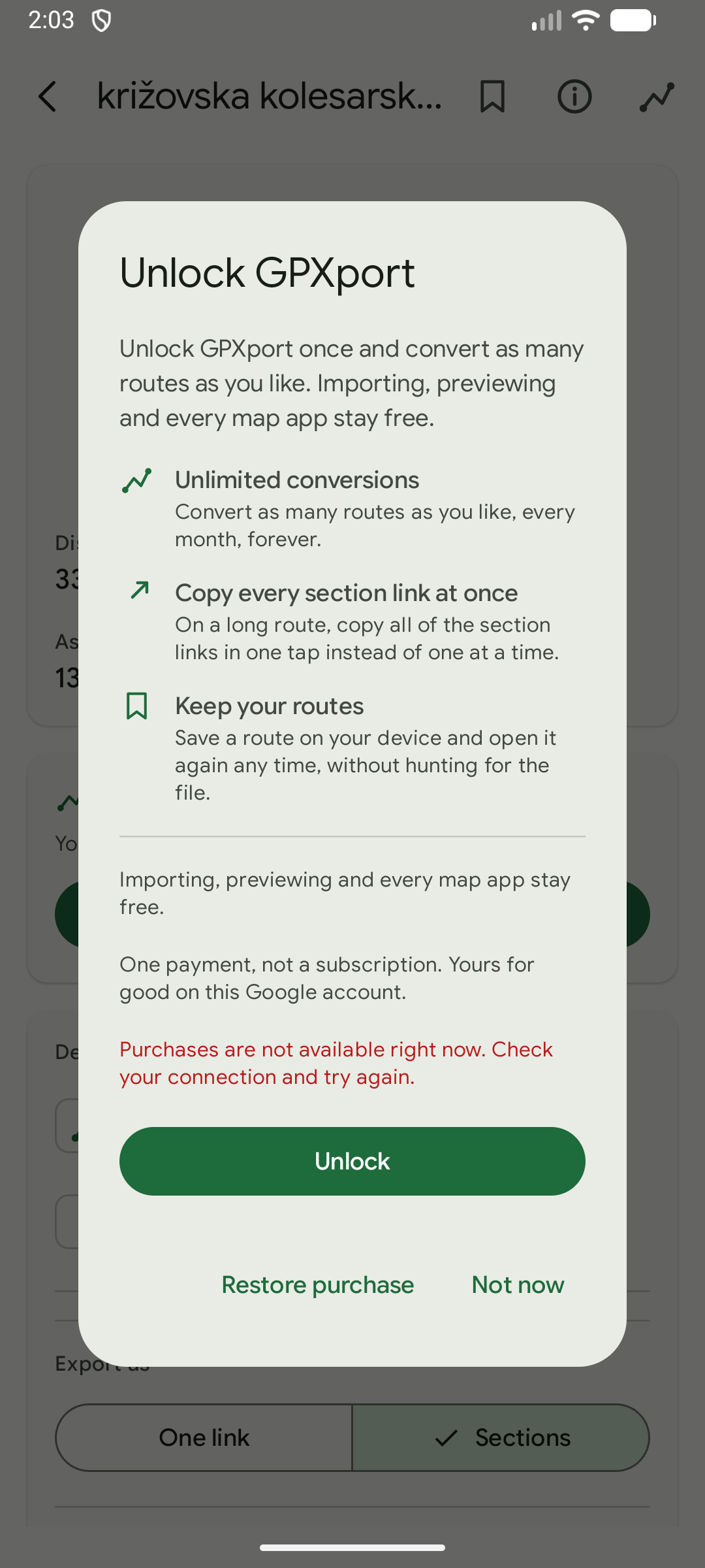 GPXport unlock screen describing unlimited conversions and saved routes for a one time purchase